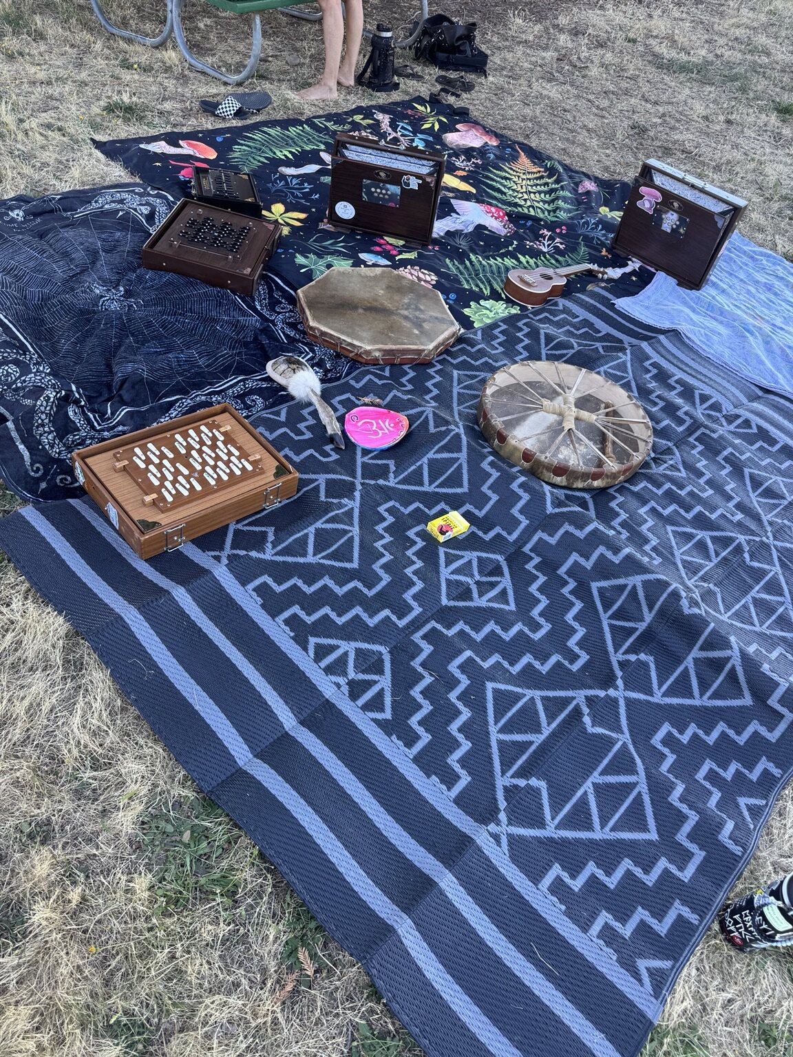 Shruti boxes, drums, and instruments arranged outdoors